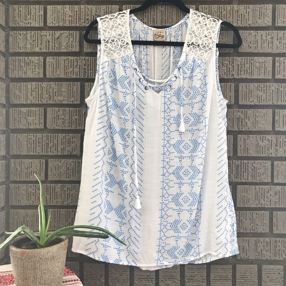 Como Vintage • Blue & White Sleeveless Blouse L